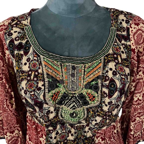 One World Women's Mandala Peasant Blouse Multicolor Mixed Print Rayon Size L - Picture 2 of 8